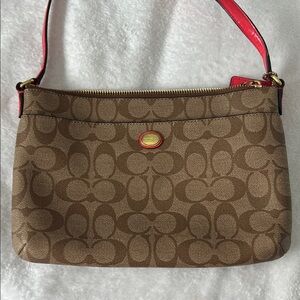 Coach Tan and Red Signature Shoulder Bag